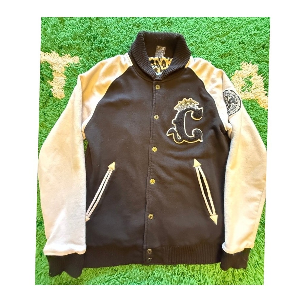 Crooks & Castles Varsity Jacket Mens M Black Grey Excellent Chenille Patch Snap